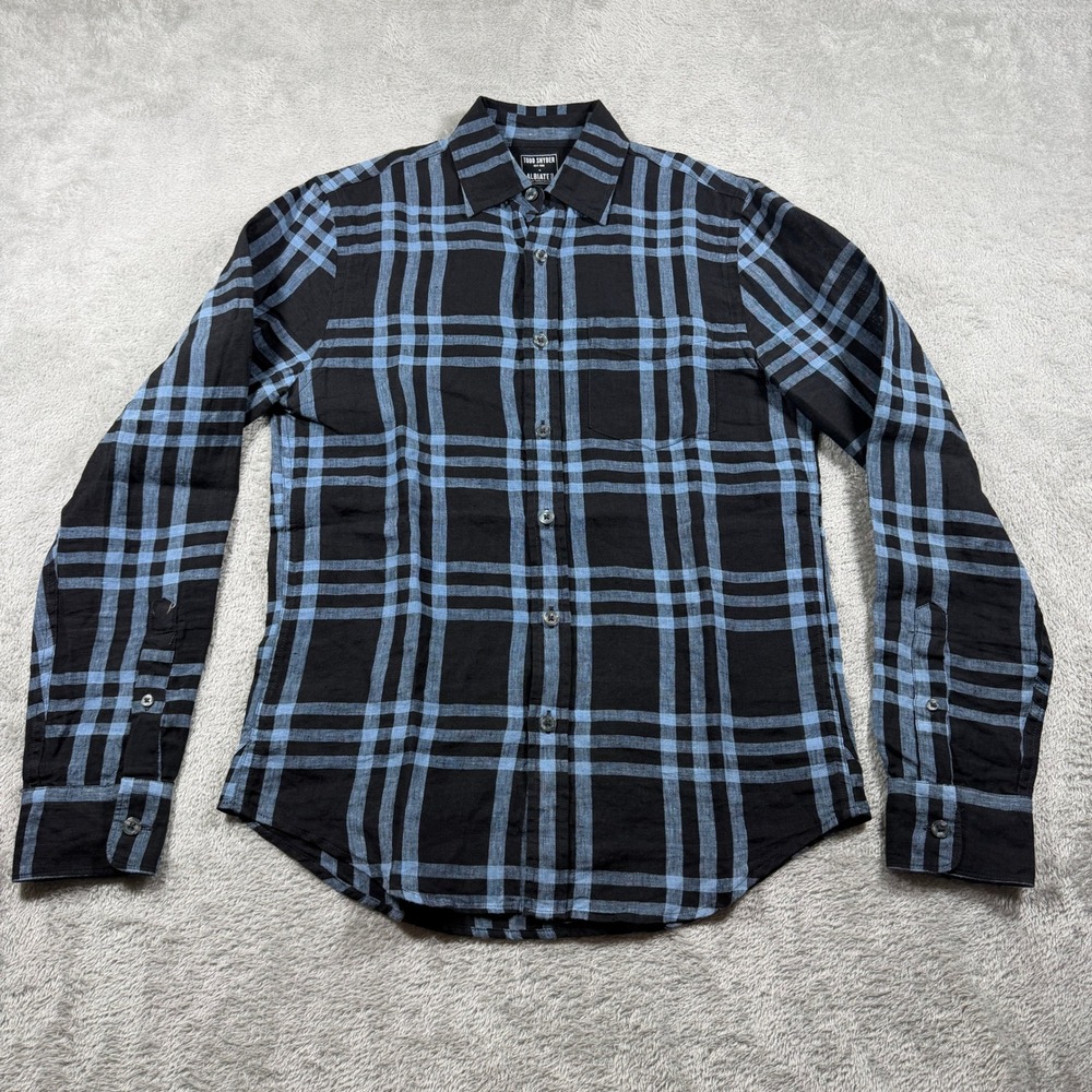 Todd Snyder x Albiate 1830 Linen Shirt Mens‎ Small Black Blue Plaid Button Down